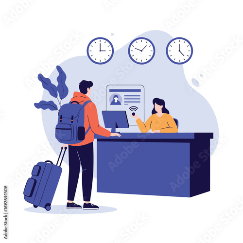 Traveler checking into a hotel with a receptionist at the front desk