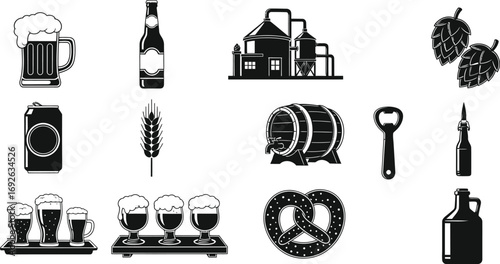Collection of black and white icons representing beer production and consumption.