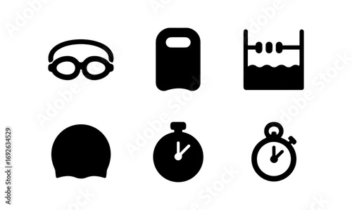 Minimalist swimming icons set: goggles, kickboard, pool, swim cap, stopwatch