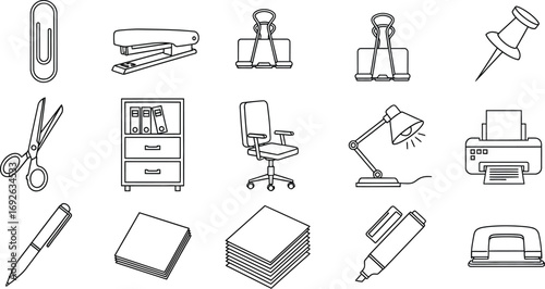 Collection of simple line art icons representing office supplies and equipment