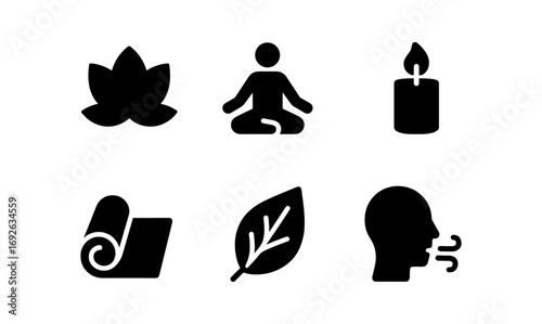 Minimalist wellness icons: meditation, yoga, nature, and relaxation symbols