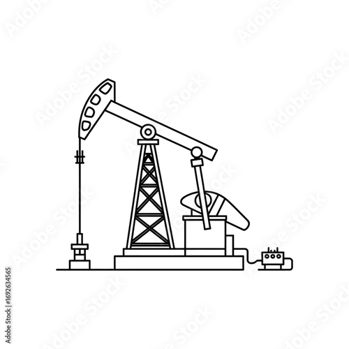 Black outline oil pump jack and control box on white background pumpjack oil rig