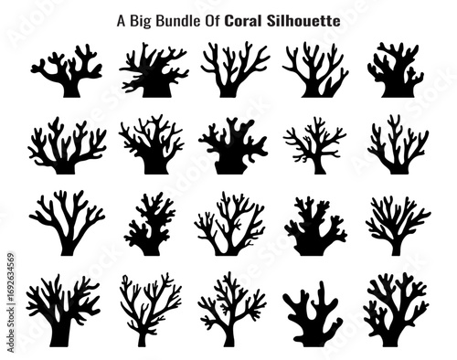 Collection of Varied Coral Shapes and Sizes Presented as a Striking Black Silhouette Against White Backdrop silhouette