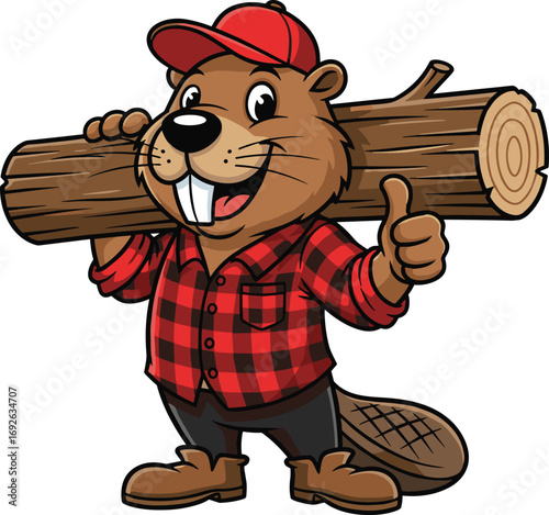 Cartoon beaver with log, lumberjack mascot character, cheerful forest worker, flat vector illustration, cad drawing, silhouette art, woodland theme