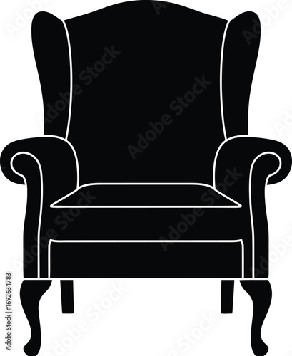 Elegant black silhouette of a classic wingback armchair, evoking comfort and style.