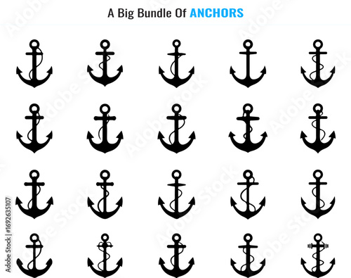 Collection of Black Anchor Icons on White Background Nautical Theme Varied Designs Silhouette set twenty black anchor