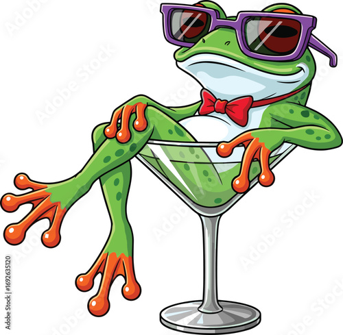 Cartoon frog in martini glass, relaxed animal mascot, stylish lounge character, flat vector illustration, cad drawing, silhouette art, chill vibe