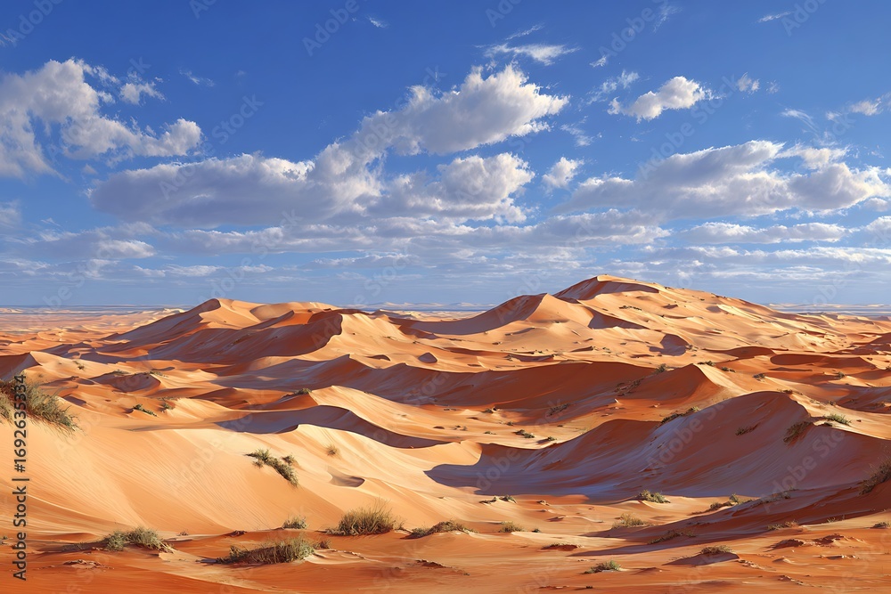 Naklejka premium Vast, sun-drenched desert landscape unfolds with rolling golden dunes under a bright blue sky dotted with fluffy clouds