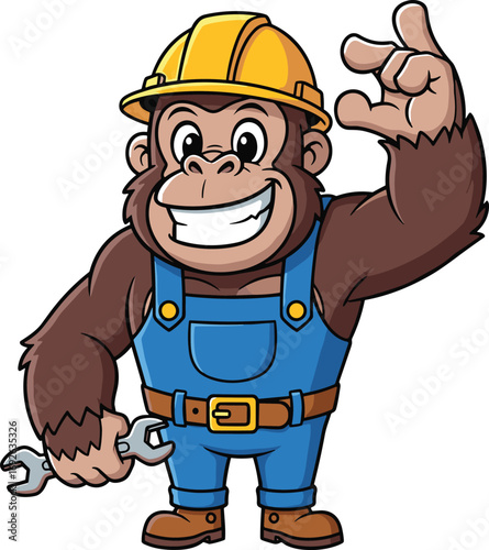 Cartoon gorilla construction worker, cheerful builder mascot, OK gesture, flat vector illustration, cad drawing, silhouette art, tool character