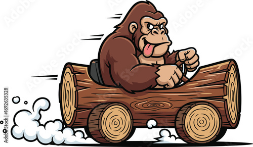 Cartoon gorilla driving log car, jungle vehicle mascot, humorous motion scene, flat vector illustration, cad drawing, silhouette art, wild ride