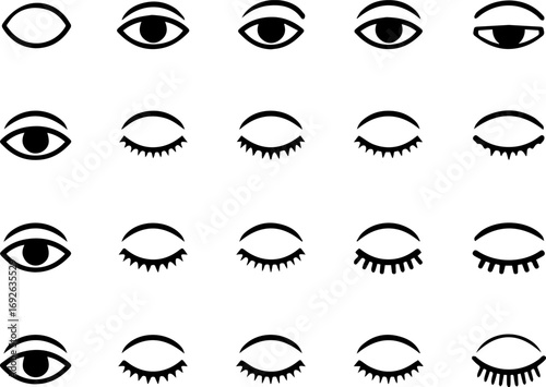 Collection of Eye Icons Showing Different Stages of Opening and Closing Depicted in Silhouette set eye icons
