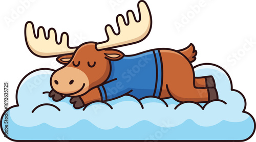 Cartoon moose sleeping on cloud, cozy animal mascot, bedtime character, flat vector illustration, cad drawing, silhouette art, peaceful dream