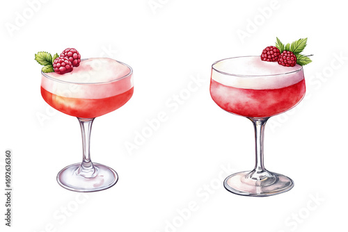 Collection of Clover Club cocktails crowned with raspberry foams. Watercolor illustration on transparent background
