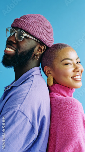 Two young adults stand back to back, smiling and showcasing their fashion in matching purple attire with stylish glasses, set against a vivid pink backdrop