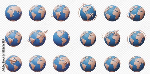 A sequence of 3D rendered Earth globes with airplanes flying around them, illustrating global travel and connectivity.