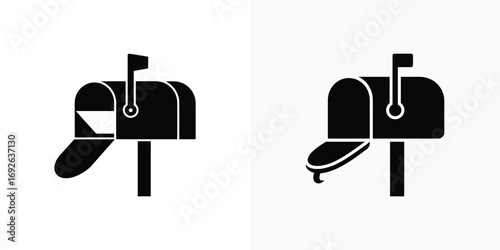 Two Black Mailboxes with Raised Flags on a White Backdrop, Icon Set Design