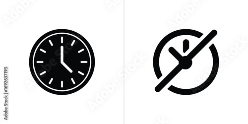 Time Clock Icon Set, Black Circle with Minute Hand and Slash Symbol on White