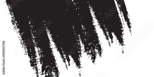 
Minimalist black-and-white abstract stroke, with dense ink coverage on one side transitioning into fragmented textures and scattered specks as it moves outward. The artwork symbolizes fading, erosion