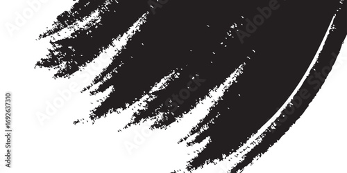 
Minimalist black-and-white abstract stroke, with dense ink coverage on one side transitioning into fragmented textures and scattered specks as it moves outward. The artwork symbolizes fading, erosion
