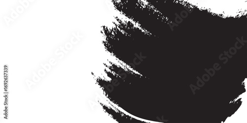 
Minimalist black-and-white abstract stroke, with dense ink coverage on one side transitioning into fragmented textures and scattered specks as it moves outward. The artwork symbolizes fading, erosion