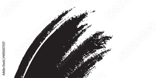 
Minimalist black-and-white abstract stroke, with dense ink coverage on one side transitioning into fragmented textures and scattered specks as it moves outward. The artwork symbolizes fading, erosion