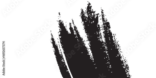 
Minimalist black-and-white abstract stroke, with dense ink coverage on one side transitioning into fragmented textures and scattered specks as it moves outward. The artwork symbolizes fading, erosion