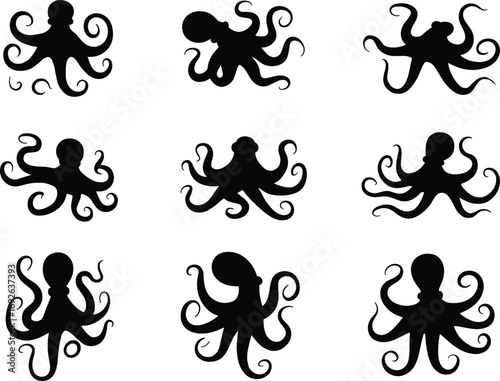 illustration, underwater wildlife, graphic design, editable shapes, isolated elements, aquatic species, ink style, cephalopod, sea monster, abstract octopus, flat design, artistic marine, ocean icons