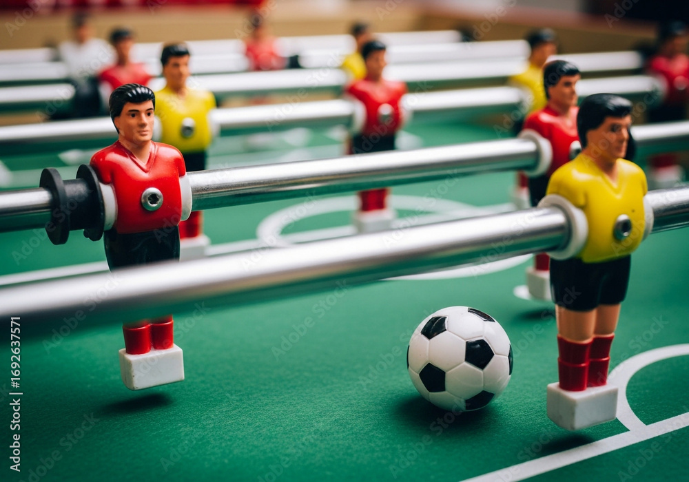 Fototapeta premium Closeup of foosball table with red and yellow player figures