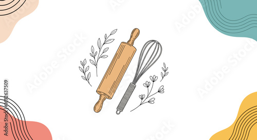 A collection of baking utensils including a rolling pin and whisk surrounded by delicate floral sprigs and abstract colorful shapes