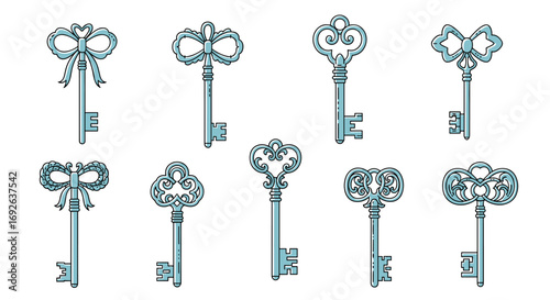 A collection of decorative ornate vintage skeleton keys with intricate designs and blue tones