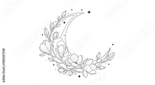 Elegant crescent moon adorned with delicate flowers and stars celestial artwork for mystical and dreamy designs