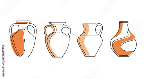 Collection of four ancient greek amphorae vases with orange accents line art