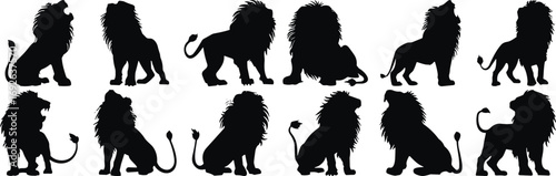 Lion silhouettes, black lion shapes, wild animal poses, majestic feline stances, roaring lion graphics, lion vector icons, wildlife illustrations