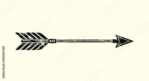 Vintage style arrow illustration with feather fletching and pointed tip on beige background