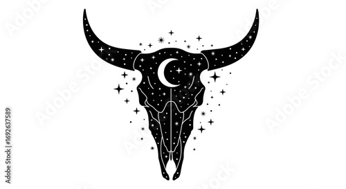 Mystical celestial bull skull adorned with stars and crescent moon symbolizing cosmic energy and wild spirit