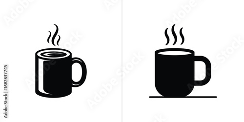 Two Coffee Mug Icons with Steam, Black and White, Hot Drink, Morning Beverage