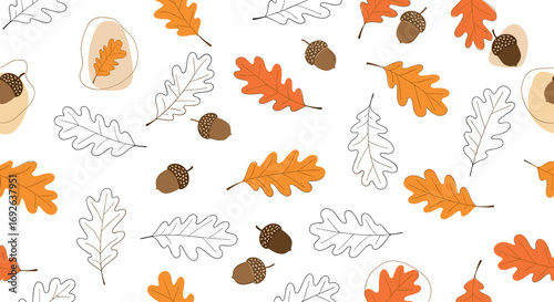 Autumn acorns and oak leaves falling in a whimsical seasonal pattern