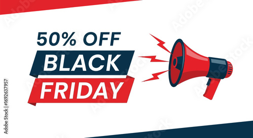Announcing fifty percent off black friday sale with megaphone illustration