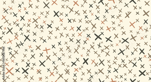 Abstract pattern of scattered cross marks in earthy tones on a textured cream background