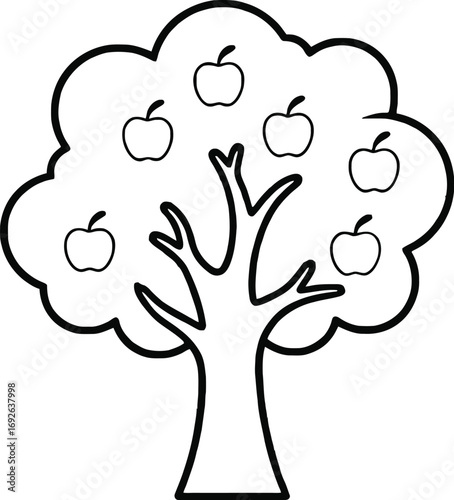 Simple line drawing of a lush apple tree laden with ripe fruit