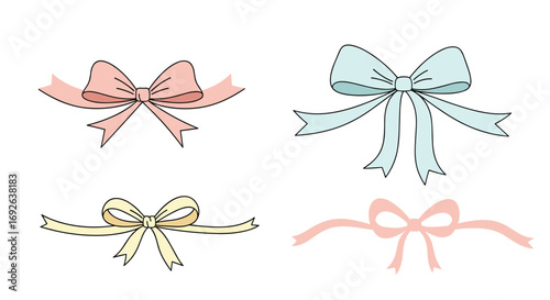 A charming collection of hand drawn decorative bows in pastel hues perfect for crafting and design projects