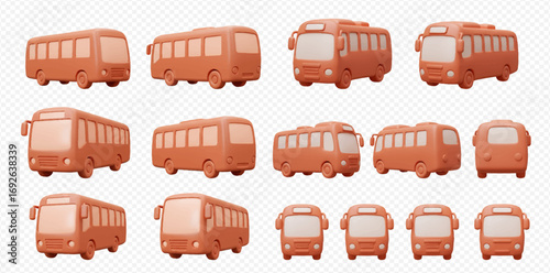 Stylized 3D orange buses presented in various perspectives, including front, side, and rear views, on a transparent background.