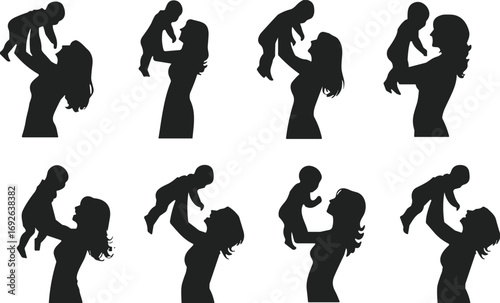 Mother and baby silhouette, black vector, maternal love, holding child, bonding moment, motherhood editable graphic