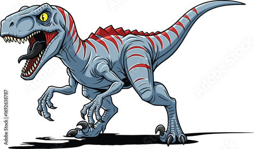 Fierce cartoon Velociraptor dinosaur, aggressive prehistoric mascot, attack pose character, flat vector illustration, cad drawing, silhouette art, wild predator