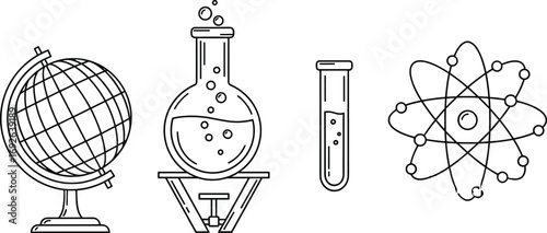 Science icons, chemistry flask, atomic model, test tube, globe illustration, educational symbols, physics concept, lab equipment, STEM graphics, vector set