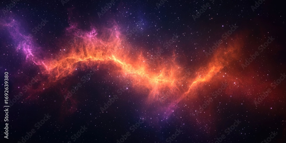 Fototapeta premium Surreal dark space layered with a glowing orange and purple nebula, stars shining through