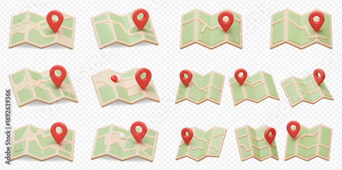 A collection of stylized 3D rendered green folded map icons, each marked with a prominent red location pin, representing navigation and destination finding.