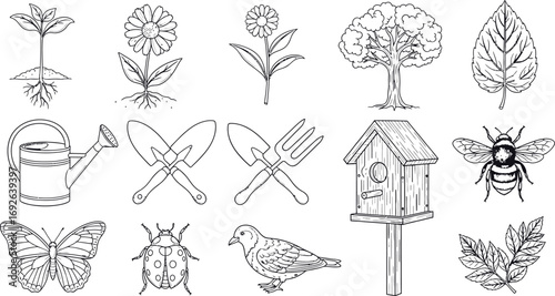 Charming hand-drawn garden elements including plants, tools, and insects
