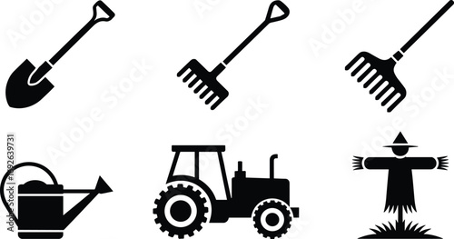 Gardening tools and equipment icons including shovel, rakes, watering can, tractor, scarecrow for farm, garden, agriculture, planting, and outdoor work concepts.