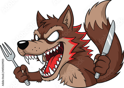 Hungry cartoon wolf, fierce expression, fork and knife, fantasy character, flat vector illustration, cad drawing, silhouette art, wild mascot
